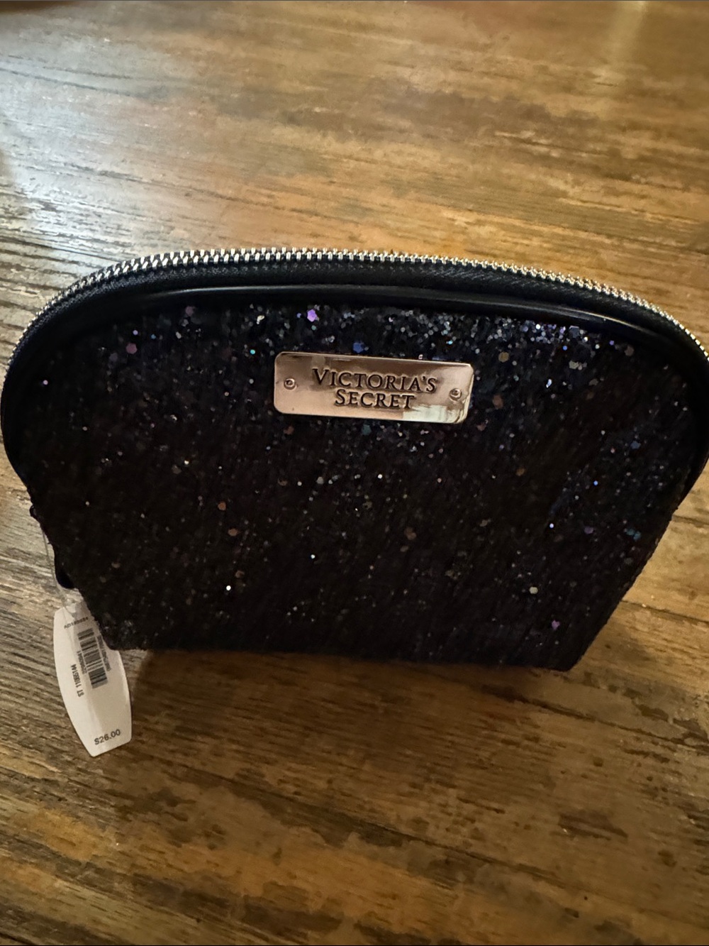 Victoria's Secret Black Sequin Makeup Pouch with Logo Plate - NWT